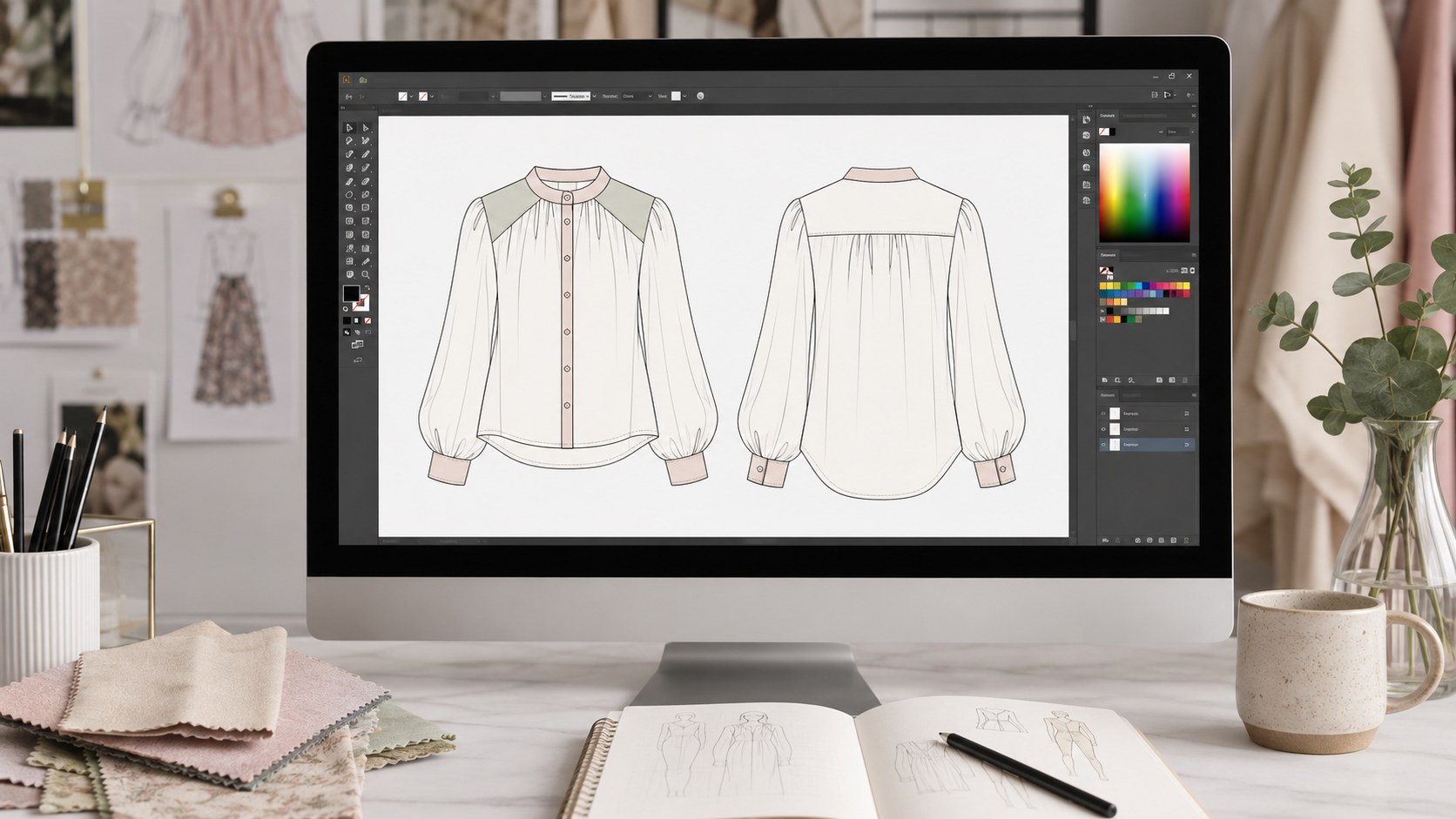 מסך מחשב עם Adobe Illustrator פתוח ועליו שרטוט flat מקצועי של בגד אופנה