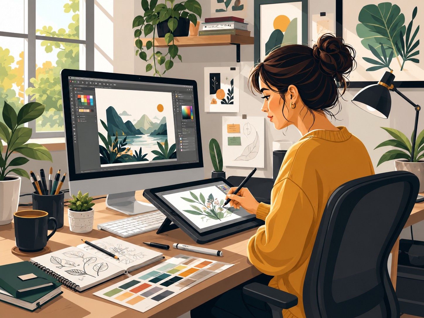 Adobe Illustrator מתאימה במיוחד ליצירת איורים וקטוריים, לוגואים, אייקונים, דמויות שטוחות, עיטורים, אינפוגרפיקות, איורים לאתרים